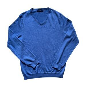 J Crew Merino Wool Blue V Neck Sweater Size Medium Preppy Classic Soft Mens